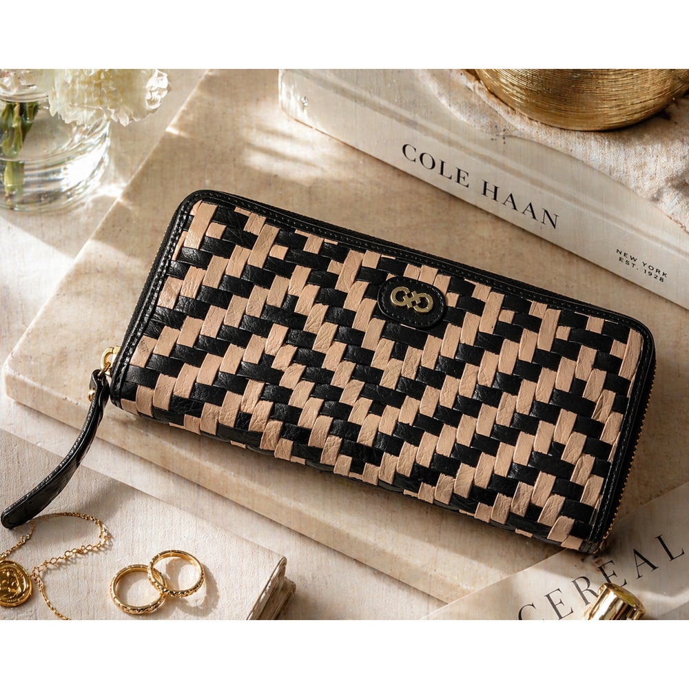 Cole Haan Intrecciato Woven Leather Zip Around Wallet Black Tan Clutch Luxury